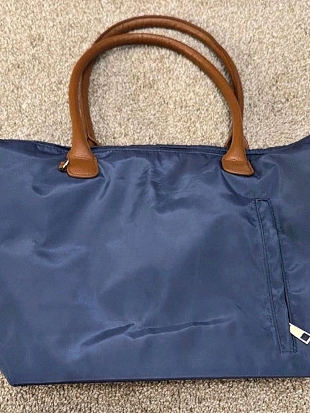 Blue Solid Tote Bag Women Brown Leather Double Handles Zip Top Silver Hardware